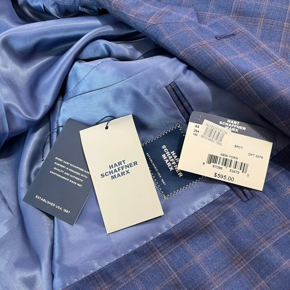 Hart Schaffner Marx Coat 44R Blue Windowpane Plaid Reda 1865 Wool New York Fit